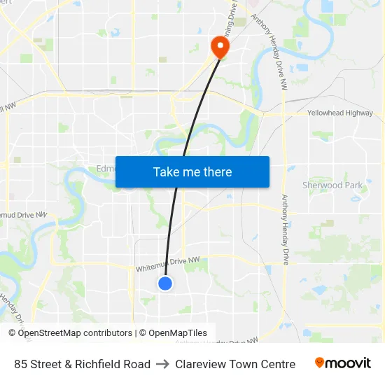 85 Street & Richfield Road to Clareview Town Centre map