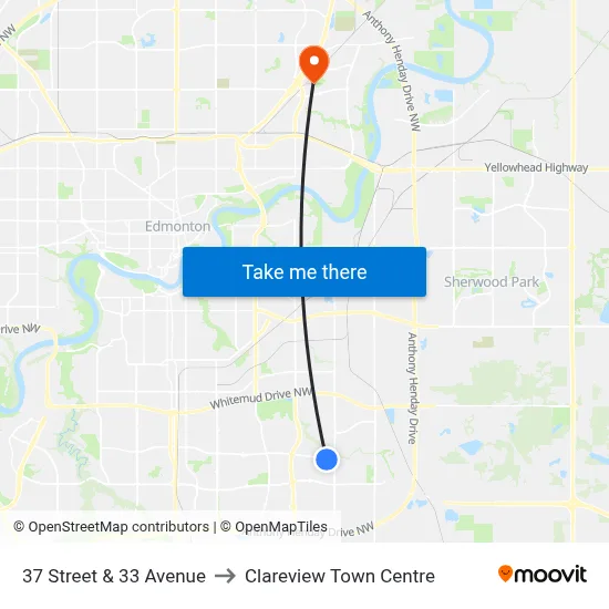 37 Street & 33 Avenue to Clareview Town Centre map