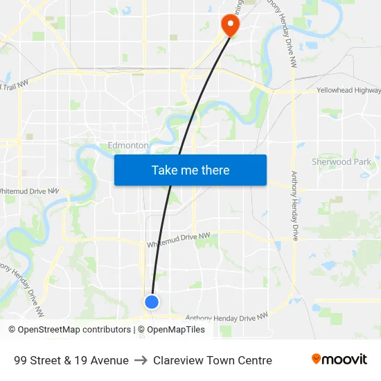 99 Street & 19 Avenue to Clareview Town Centre map