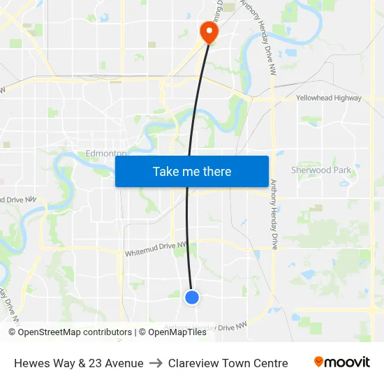 Hewes Way & 23 Avenue to Clareview Town Centre map
