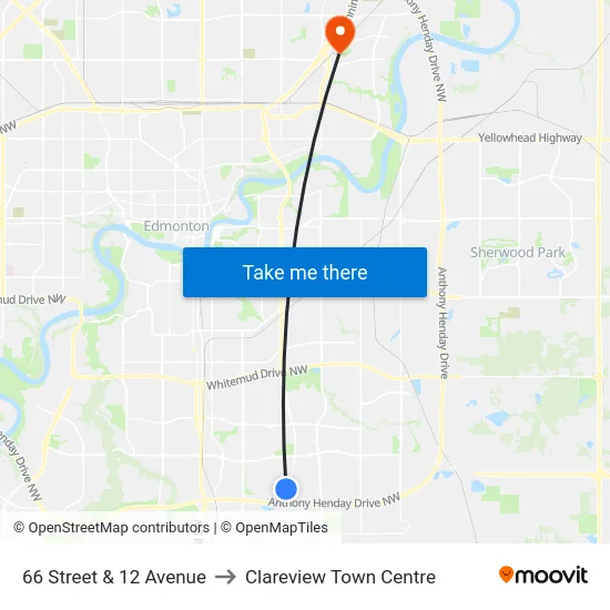 66 Street & 12 Avenue to Clareview Town Centre map