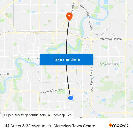 44 Street & 38 Avenue to Clareview Town Centre map