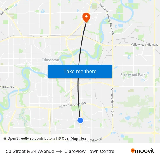 50 Street & 34 Avenue to Clareview Town Centre map