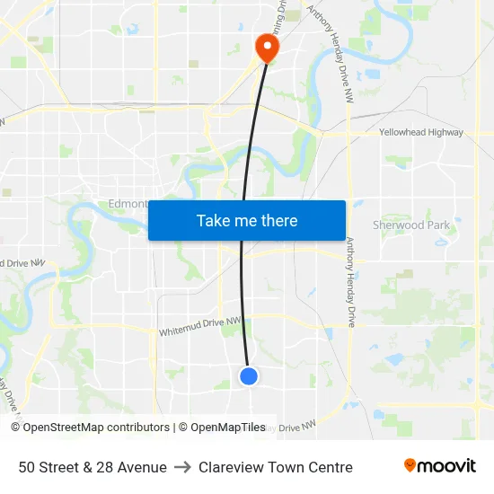 50 Street & 28 Avenue to Clareview Town Centre map