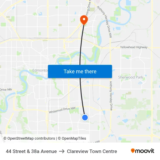 44 Street & 38a Avenue to Clareview Town Centre map