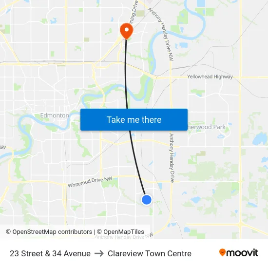 23 Street & 34 Avenue to Clareview Town Centre map