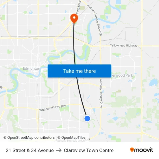 21 Street & 34 Avenue to Clareview Town Centre map