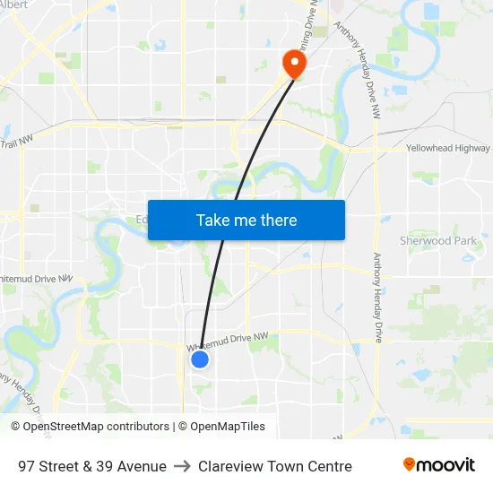 97 Street & 39 Avenue to Clareview Town Centre map
