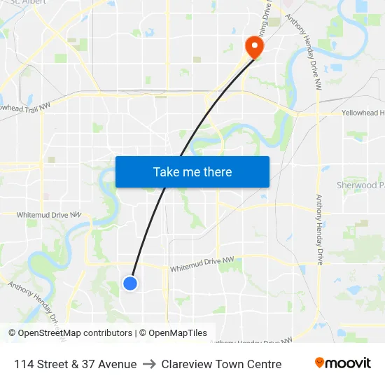 114 Street & 37 Avenue to Clareview Town Centre map