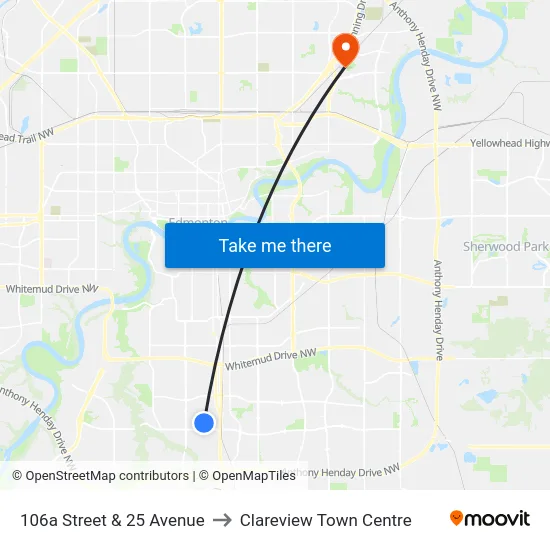 106a Street & 25 Avenue to Clareview Town Centre map