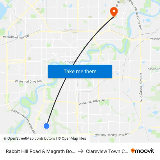 Rabbit Hill Road & Magrath Boulevard to Clareview Town Centre map
