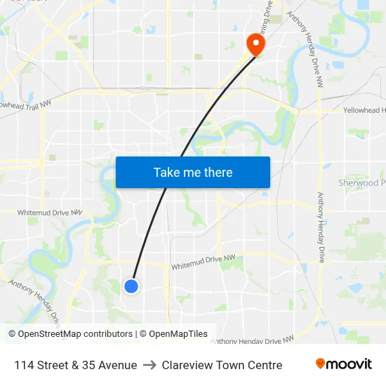 114 Street & 35 Avenue to Clareview Town Centre map