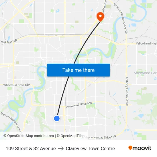 109 Street & 32 Avenue to Clareview Town Centre map