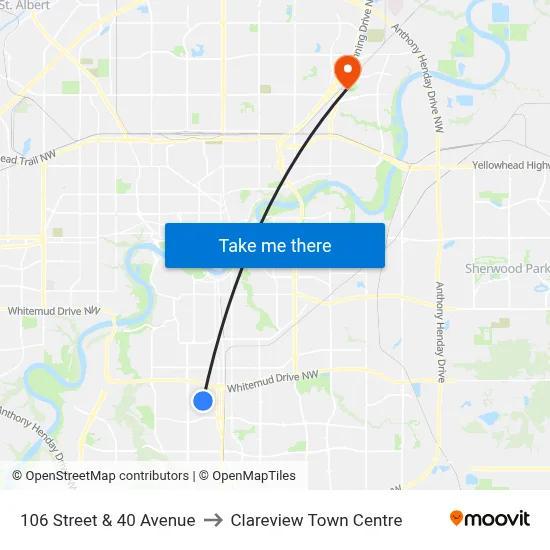 106 Street & 40 Avenue to Clareview Town Centre map