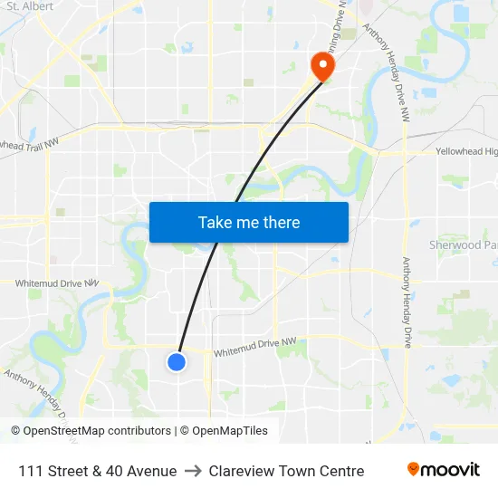 111 Street & 40 Avenue to Clareview Town Centre map