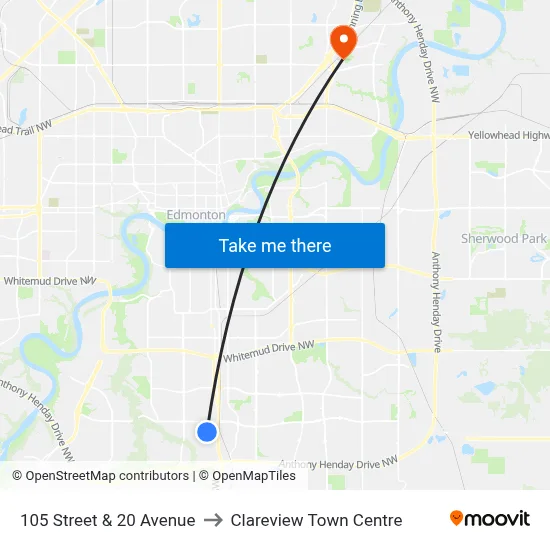 105 Street & 20 Avenue to Clareview Town Centre map