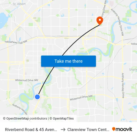 Riverbend Road & 45 Avenue to Clareview Town Centre map