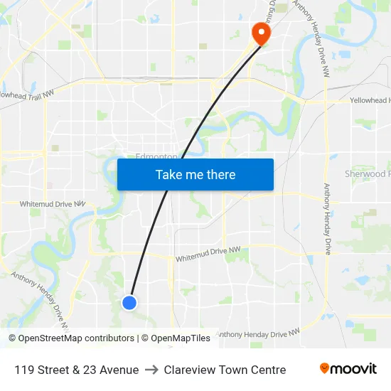 119 Street & 23 Avenue to Clareview Town Centre map