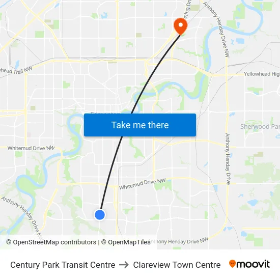 Century Park Transit Centre to Clareview Town Centre map