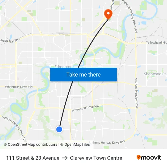 111 Street & 23 Avenue to Clareview Town Centre map