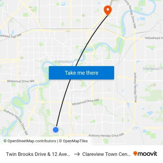 Twin Brooks Drive & 12 Avenue to Clareview Town Centre map
