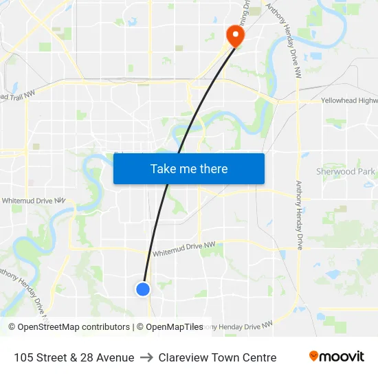 105 Street & 28 Avenue to Clareview Town Centre map