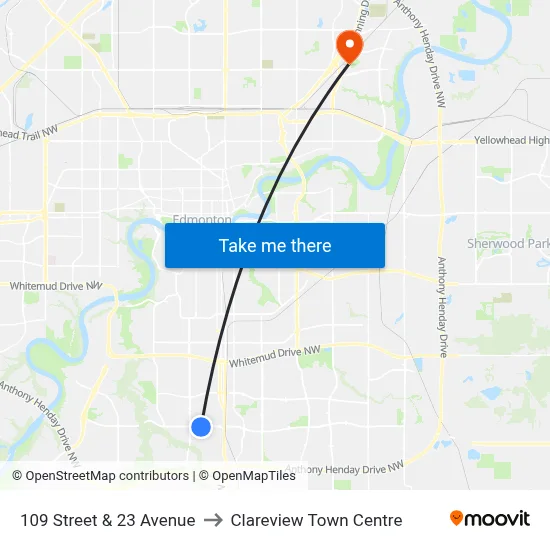 109 Street & 23 Avenue to Clareview Town Centre map