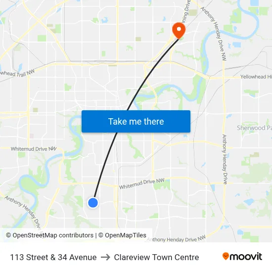 113 Street & 34 Avenue to Clareview Town Centre map