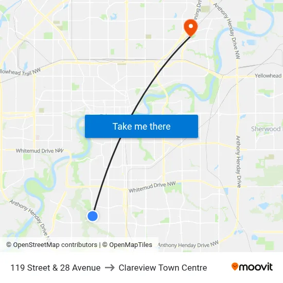 119 Street & 28 Avenue to Clareview Town Centre map