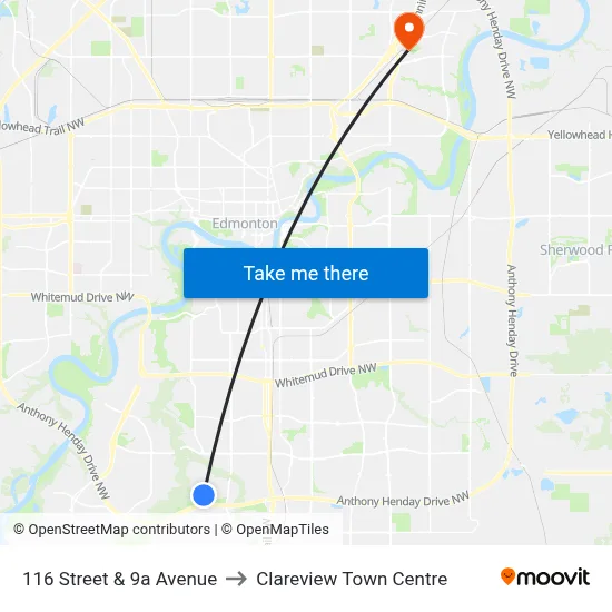 116 Street & 9a Avenue to Clareview Town Centre map