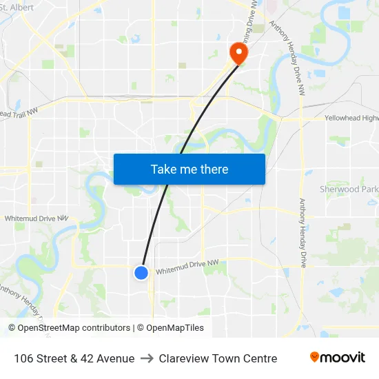 106 Street & 42 Avenue to Clareview Town Centre map