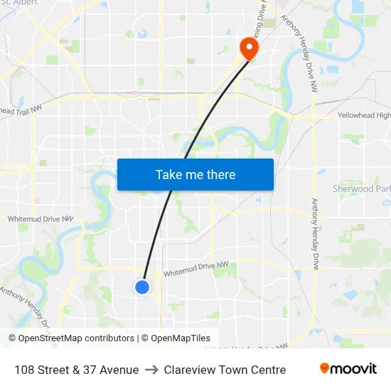 108 Street & 37 Avenue to Clareview Town Centre map