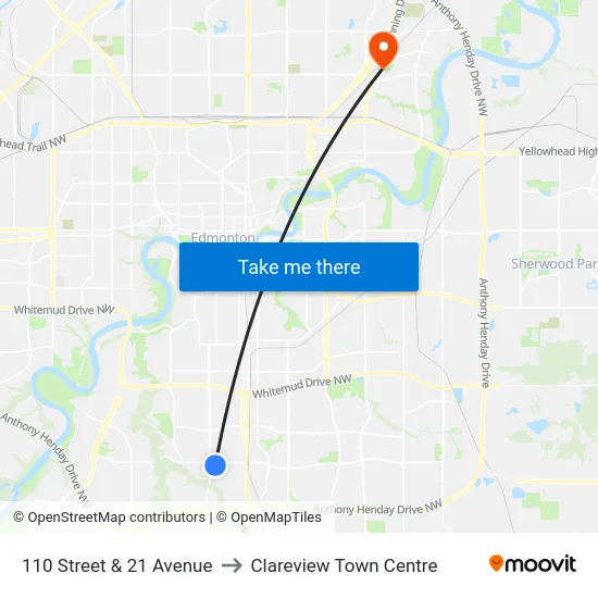 110 Street & 21 Avenue to Clareview Town Centre map