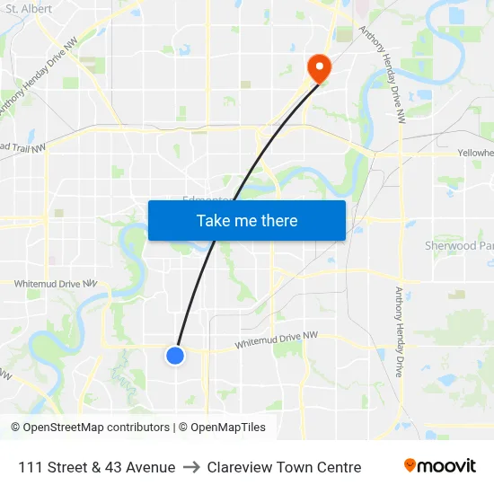 111 Street & 43 Avenue to Clareview Town Centre map