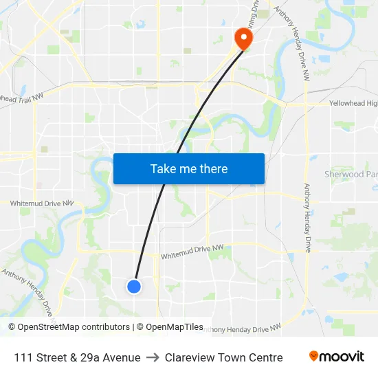 111 Street & 29a Avenue to Clareview Town Centre map
