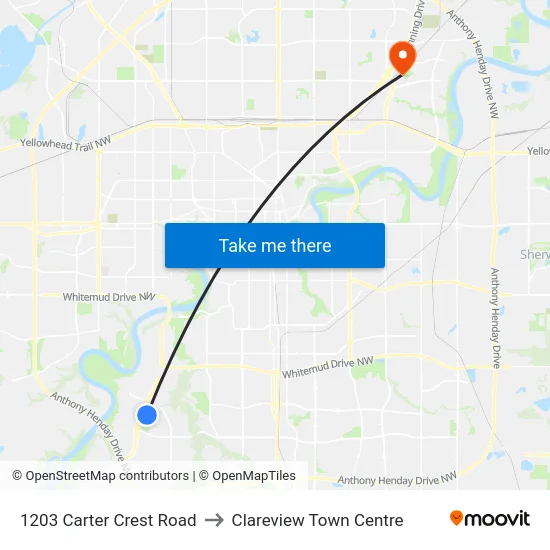 1203 Carter Crest Road to Clareview Town Centre map