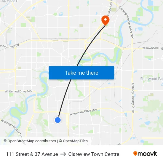 111 Street & 37 Avenue to Clareview Town Centre map
