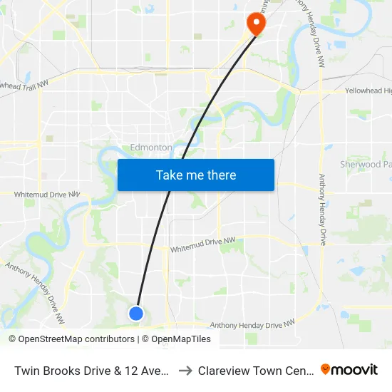 Twin Brooks Drive & 12 Avenue to Clareview Town Centre map