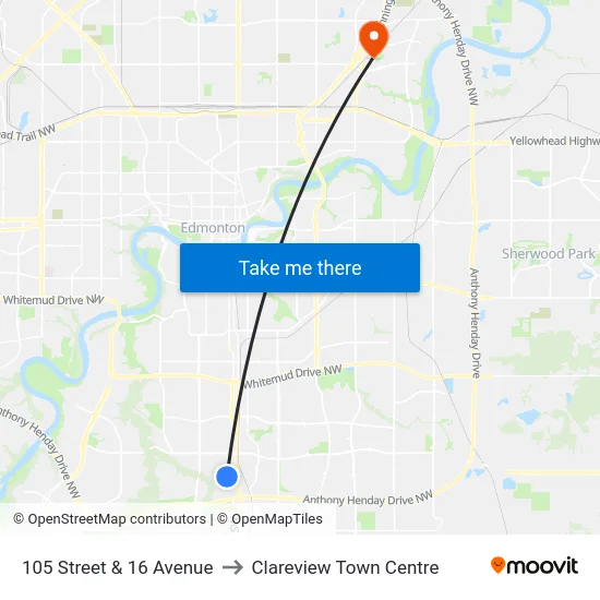 105 Street & 16 Avenue to Clareview Town Centre map