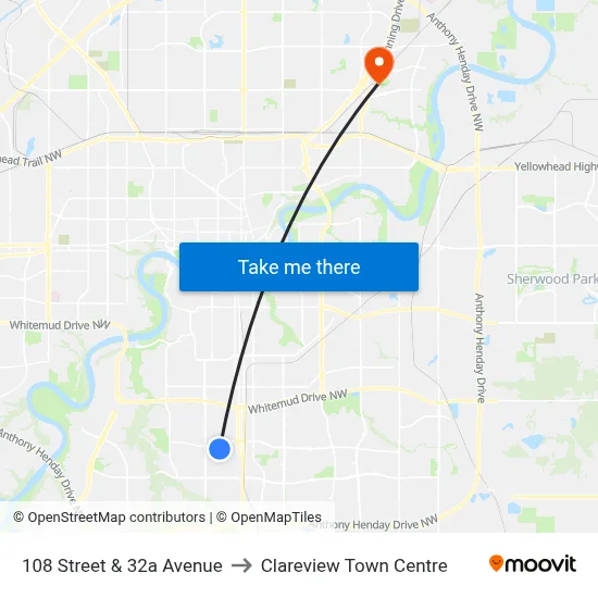108 Street & 32a Avenue to Clareview Town Centre map