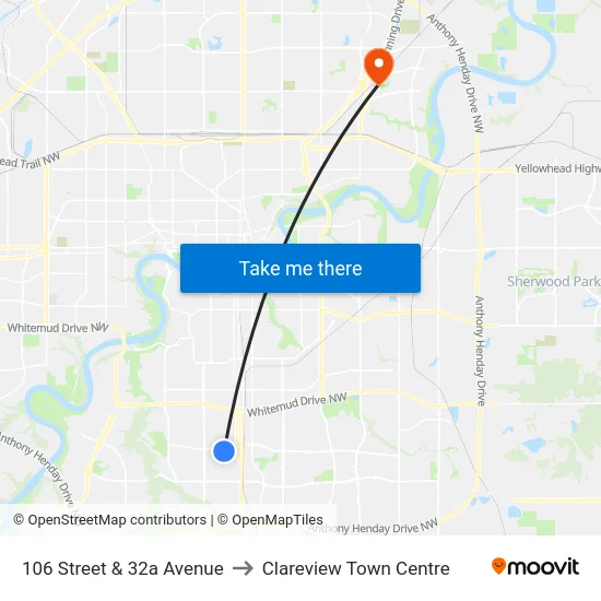106 Street & 32a Avenue to Clareview Town Centre map