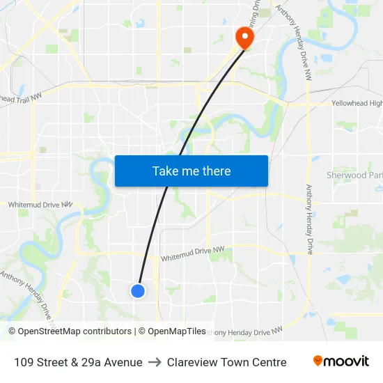 109 Street & 29a Avenue to Clareview Town Centre map