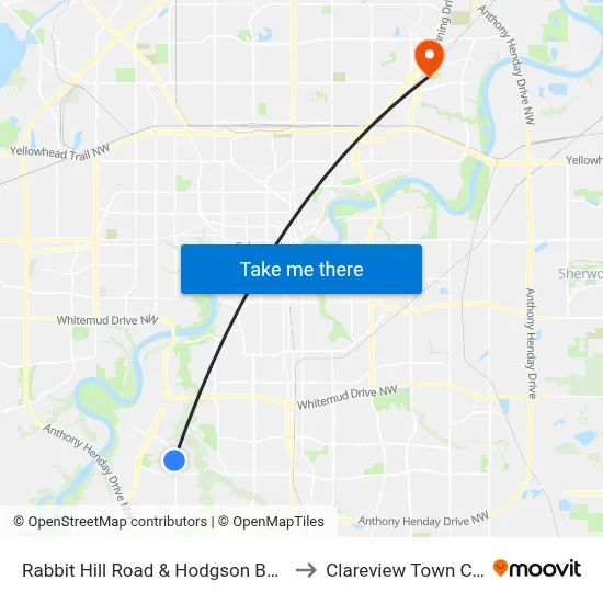 Rabbit Hill Road & Hodgson Boulevard to Clareview Town Centre map