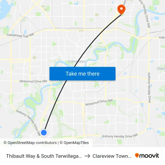 Thibault Way & South Terwillegar Boulevard to Clareview Town Centre map