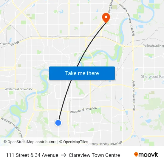 111 Street & 34 Avenue to Clareview Town Centre map