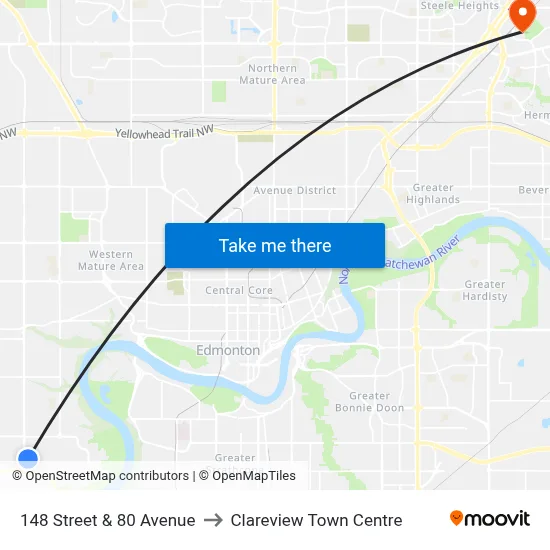 148 Street & 80 Avenue to Clareview Town Centre map