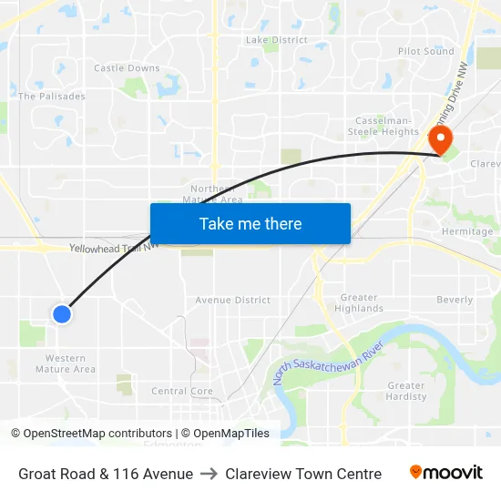 Groat Road & 116 Avenue to Clareview Town Centre map