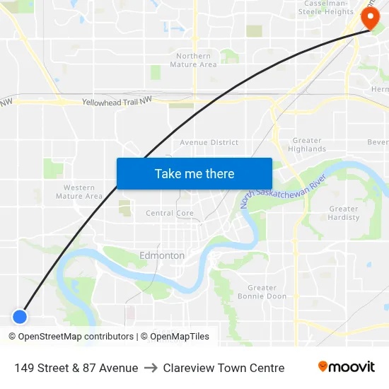 149 Street & 87 Avenue to Clareview Town Centre map