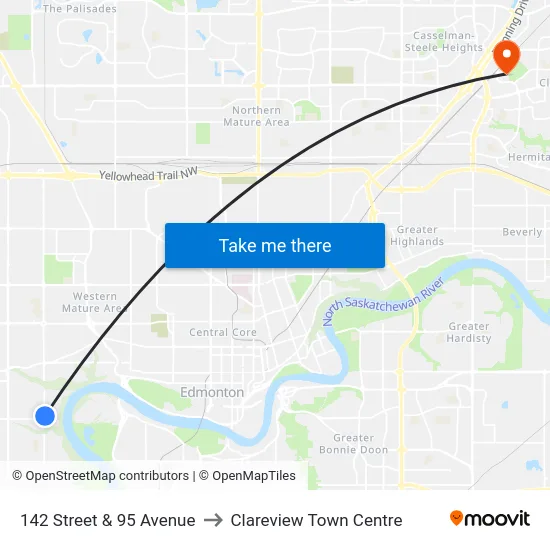 142 Street & 95 Avenue to Clareview Town Centre map