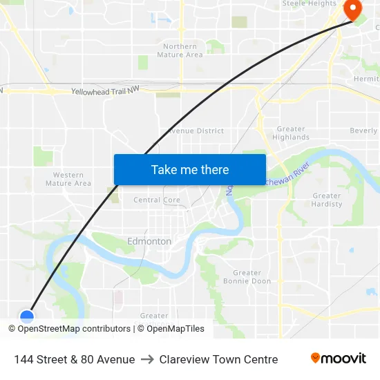 144 Street & 80 Avenue to Clareview Town Centre map